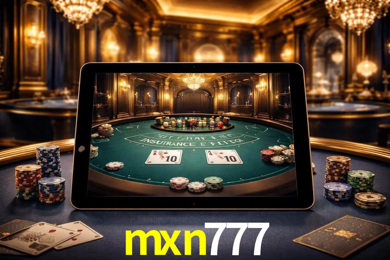 Configuración moderna de casino en vivo con una tableta mostrando una mesa de blackjack, luces cálidas de estudio y una atmósfera elegante de juegos digitales.